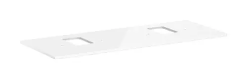 Weiße Konsole von Hansgrohe mit zwei Ausschnitten, geeignet für einen Aufsatzwaschtisch. Flache Oberfläche, schlichtes Design.